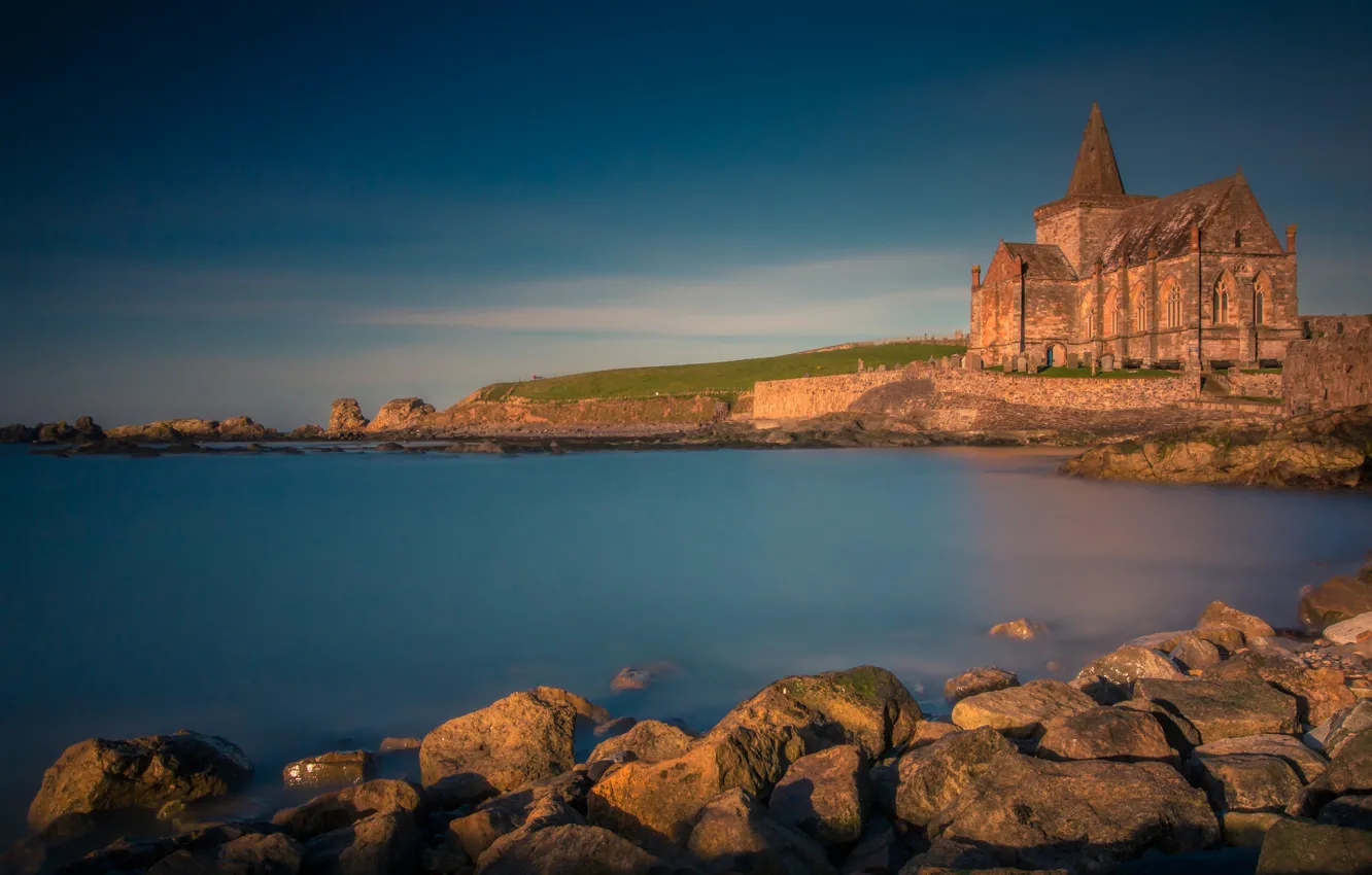 Photo wallpaper sea, stones, coast, Scotland, Church, Scotland, North sea, North Sea