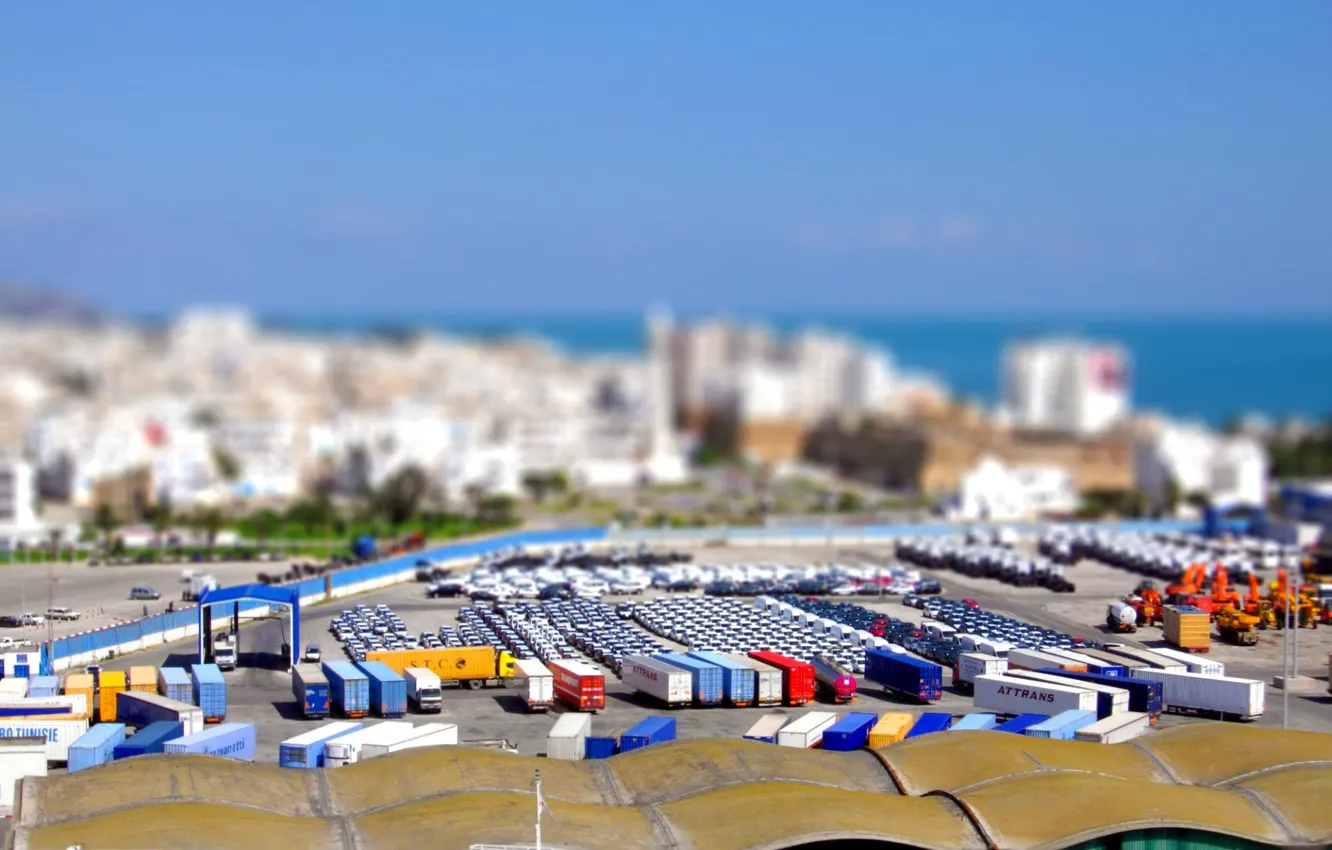 Photo wallpaper roof, tilt shift, tilt shift, Tunis, cargo trailers, port Goullette