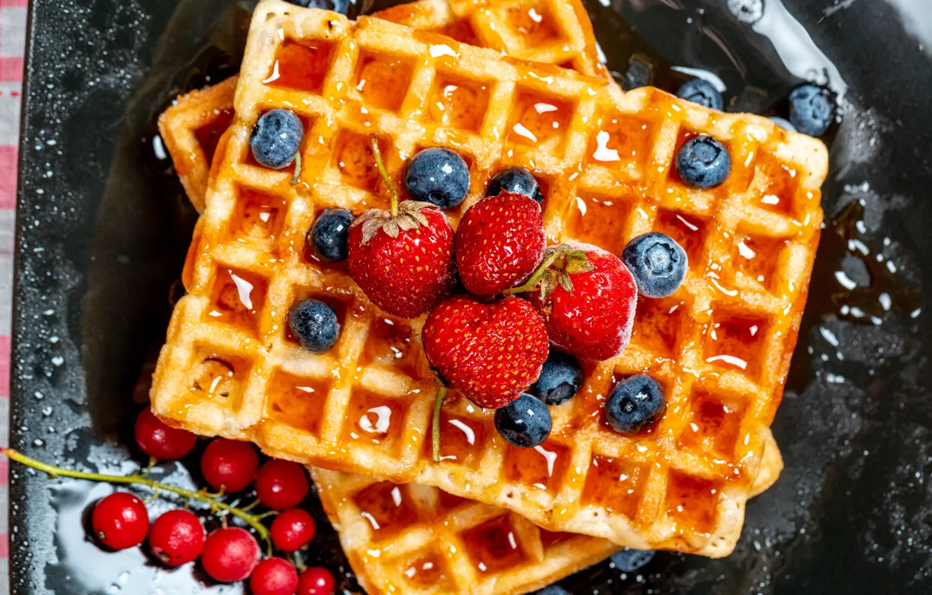 Photo wallpaper red, berries, cookies, blueberries, strawberry, honey, dessert, currants