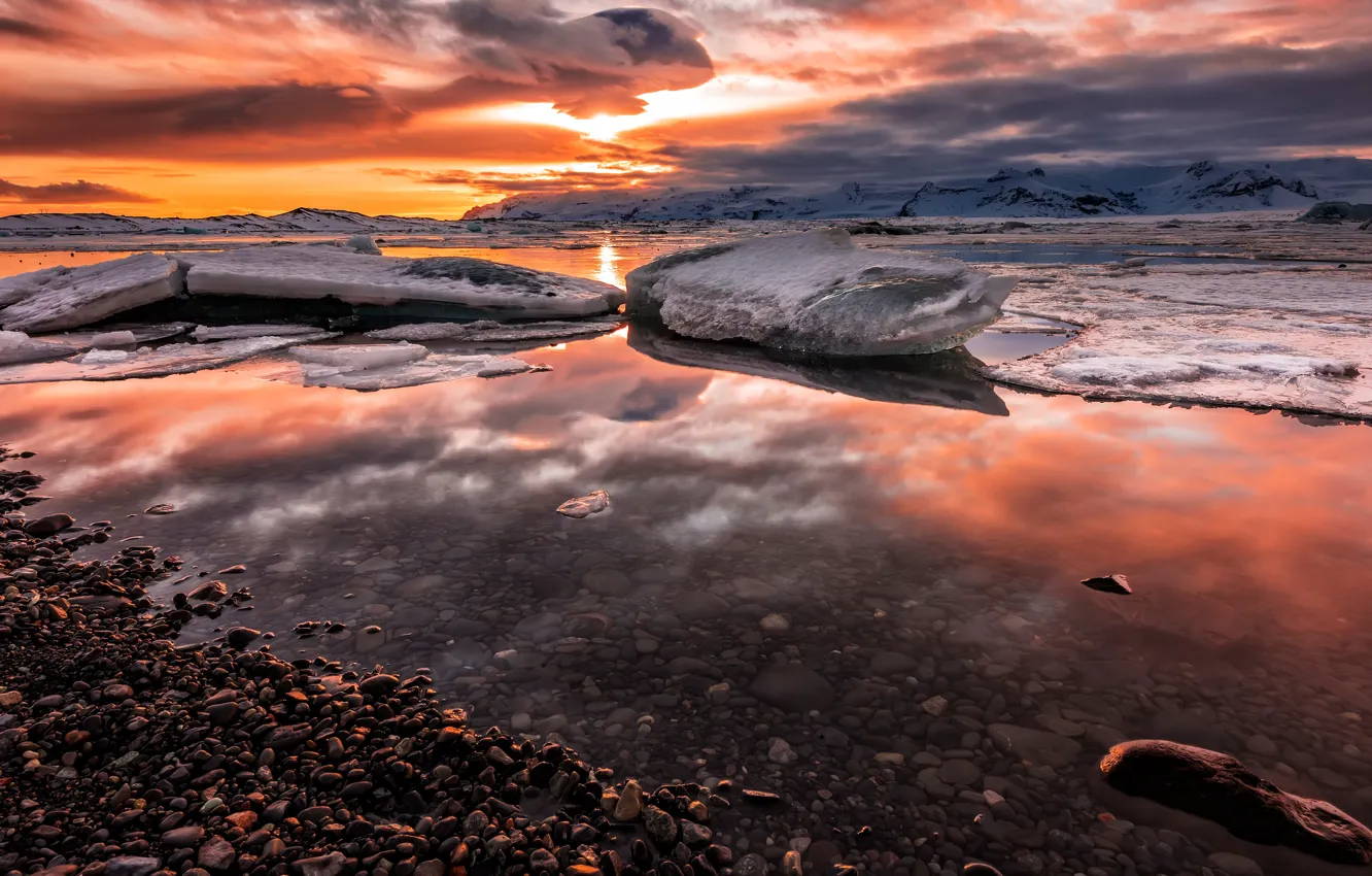 Photo wallpaper ice, winter, the sky, the sun, clouds, snow, landscape, sunset