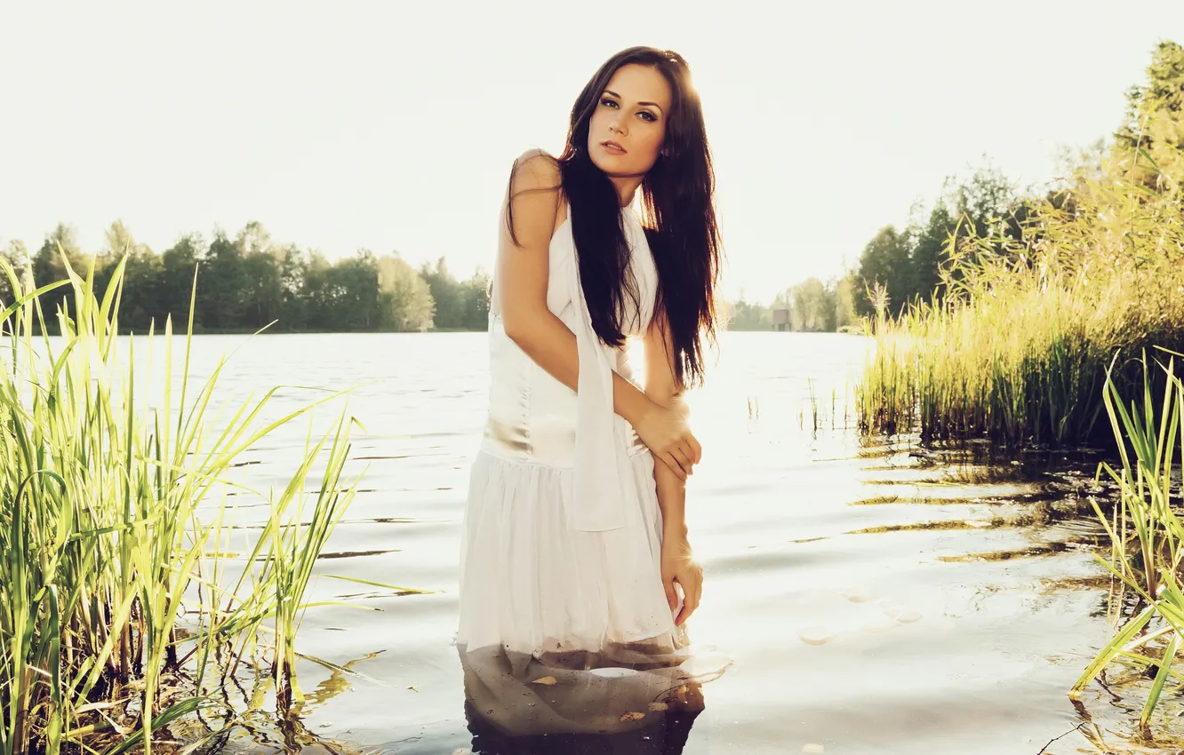 Photo wallpaper the sun, lake, dress, brunette, reed, is, in white, in the water