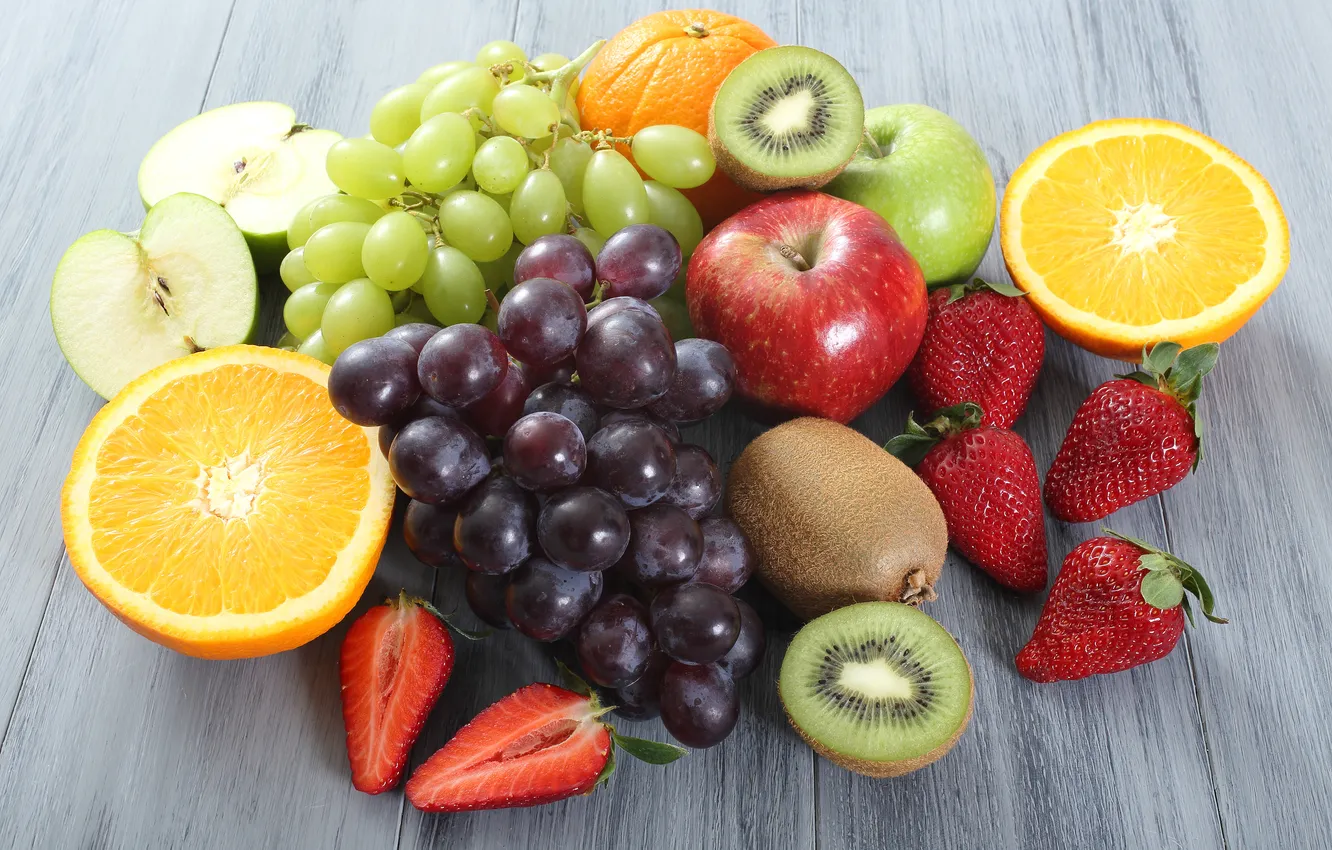 Photo wallpaper berries, apples, orange, kiwi, strawberry, grapes, fruit, fruit