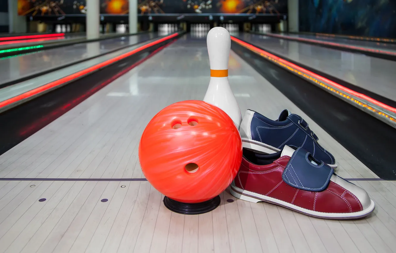 Photo wallpaper ball, hall, sneakers, bokeh, bowling, pin