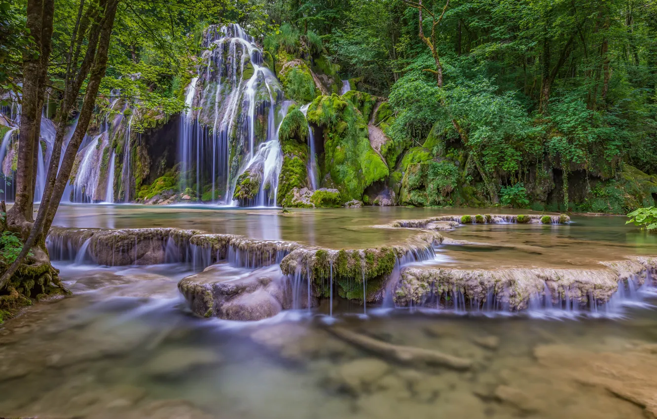 Photo wallpaper forest, river, France, waterfall, cascade, France, Jura, Jura