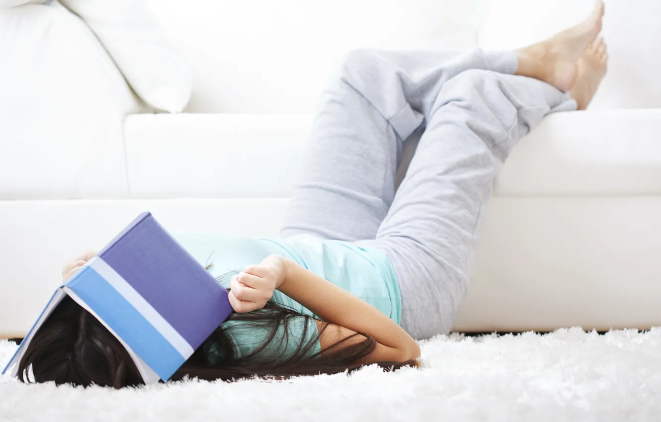 Photo wallpaper sofa, carpet, girl, tired, book, the study
