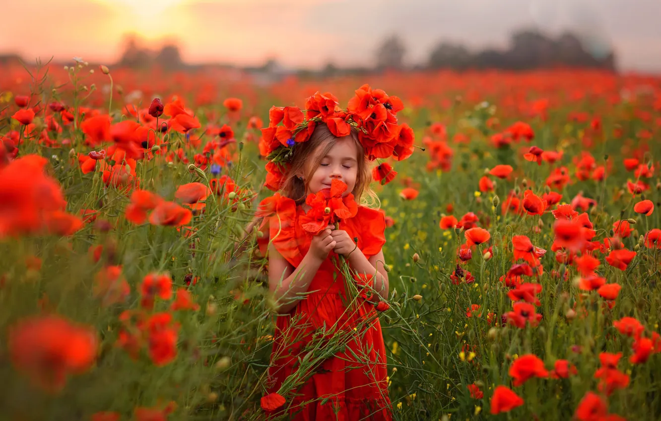 Photo wallpaper summer, flowers, red, children, Maki, bouquet, girl, red dress