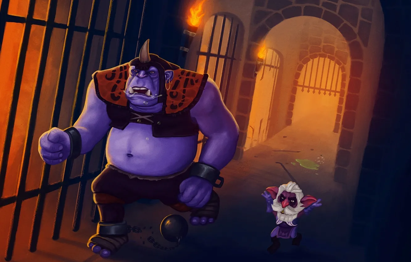 Photo wallpaper art, torch, escape, prison, dota 2, Alchemist, Razzil Darkbrew, Aelini