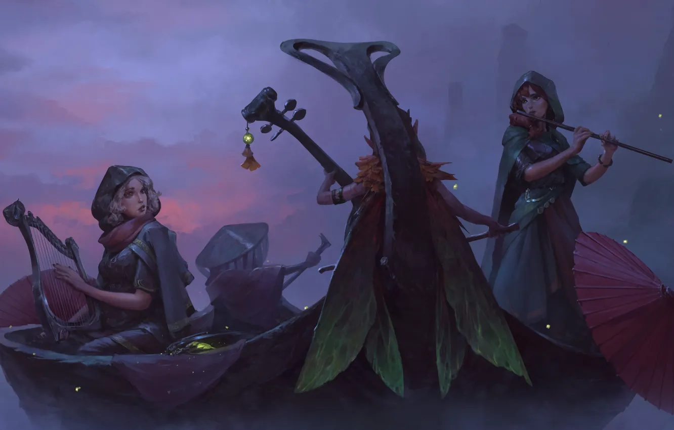 Photo wallpaper fantasy, Music, river, girls, hat, night, digital art, artwork