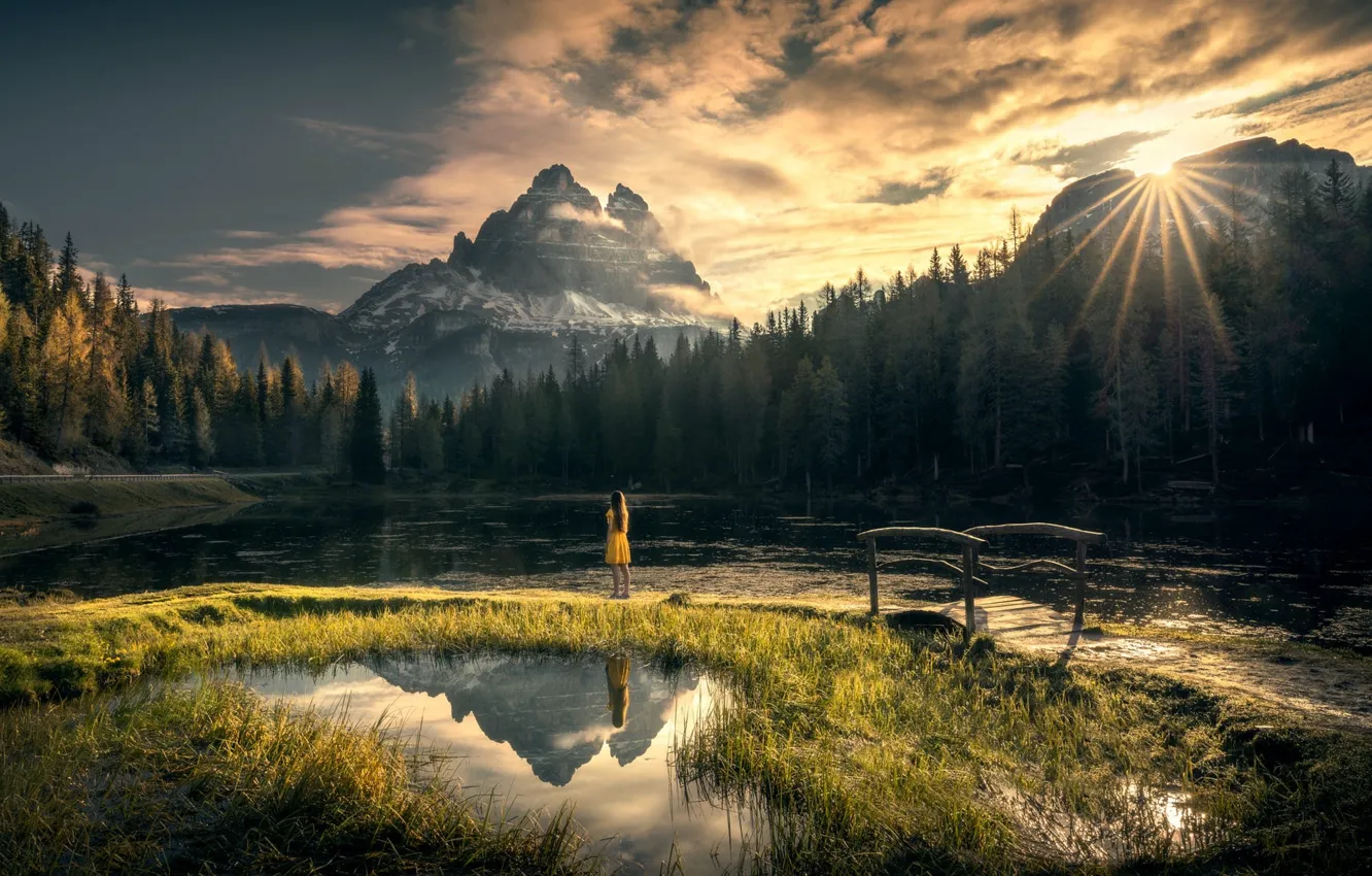 Photo wallpaper forest, girl, the sun, clouds, mountains, lake, reflection, shore