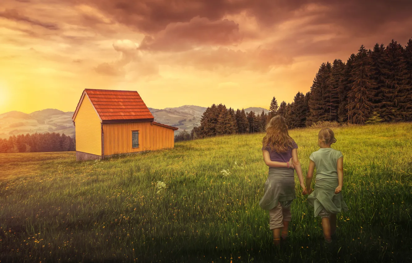 Photo wallpaper field, the sky, trees, hills, home, treatment, girl, Homecoming