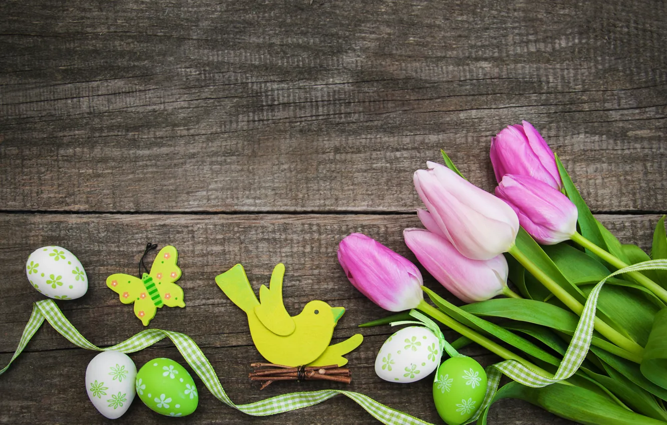 Photo wallpaper flowers, eggs, spring, colorful, Easter, tulips, wood, pink