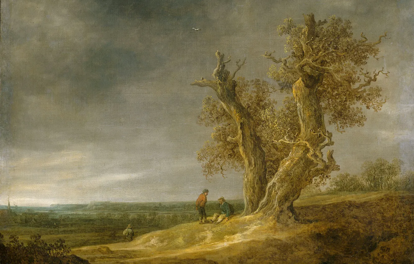Photo wallpaper nature, oil, picture, Jan van Goyen, Landscape with Two Oaks