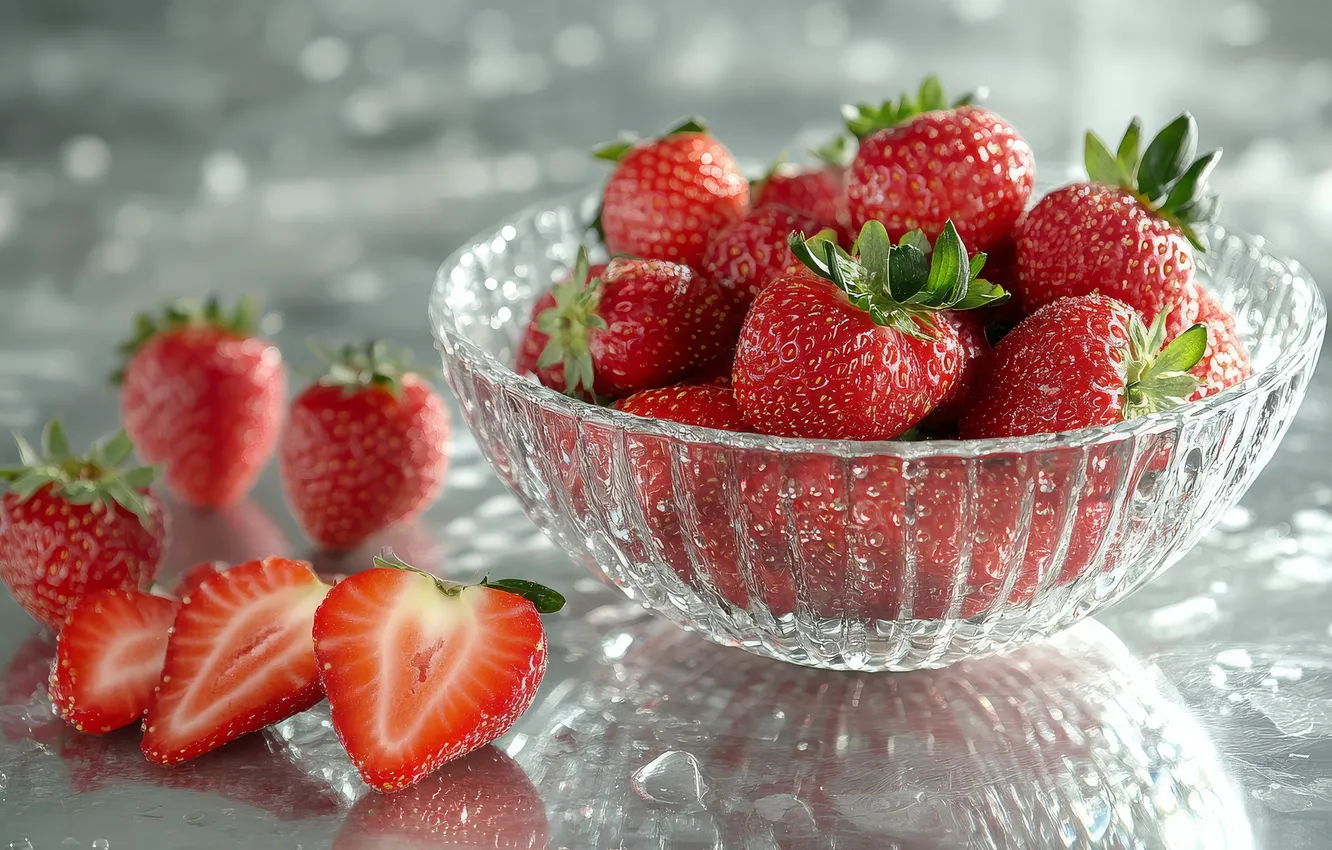 Photo wallpaper glass, reflection, berries, strawberry, vase, bowl, AI art, neural network