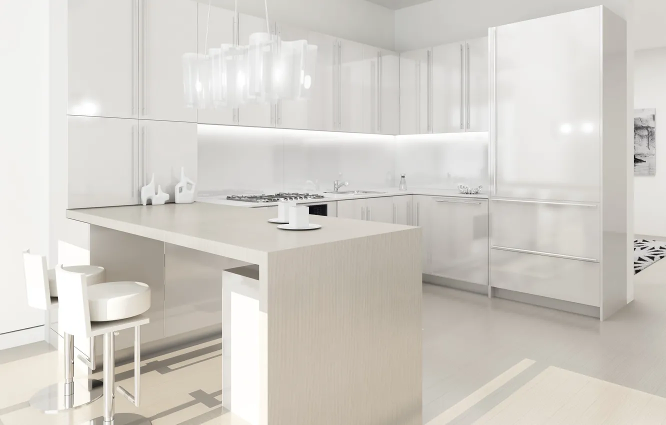 Photo wallpaper white, table, room, interior, kitchen, apartment