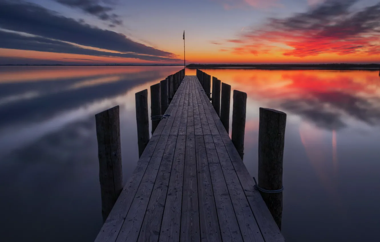 Photo wallpaper sunset, bridge, lake