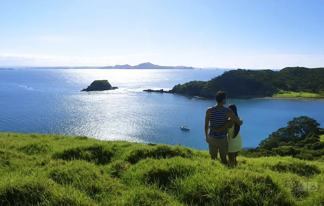 Photo wallpaper sea, grass, love, nature, horizon, pair, love, lovers