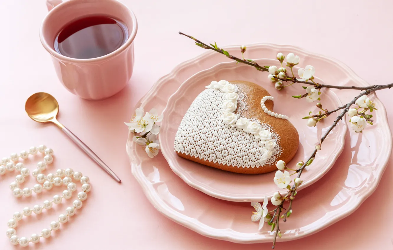 Photo wallpaper flowers, tea, cookies, Cup, pearl, beads, glaze, Ellygri