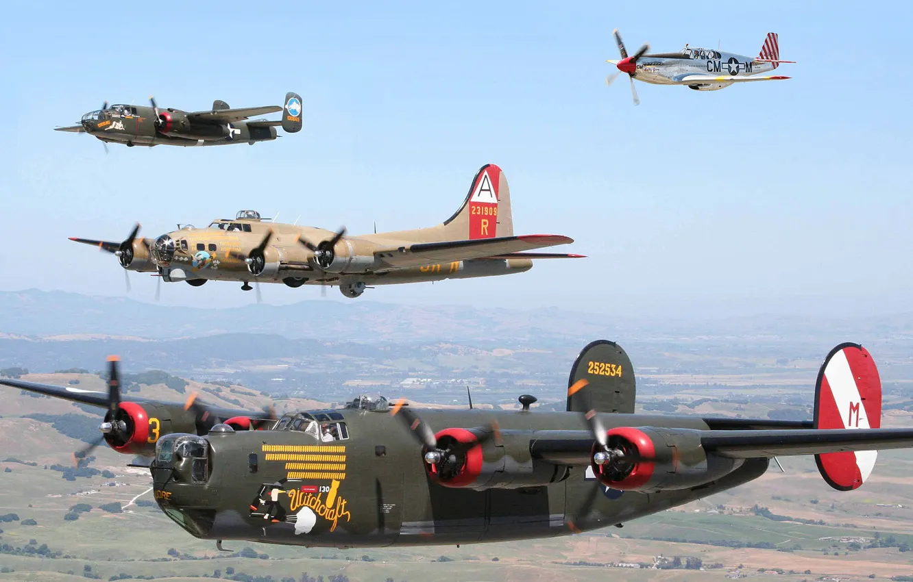 Photo wallpaper the sky, flight, the plane, fighter, parade, propeller, bomber, link