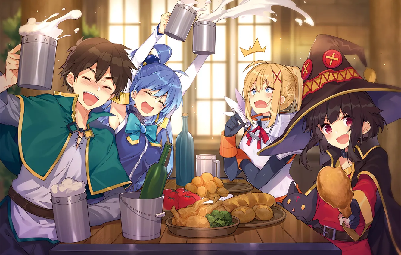 Photo wallpaper table, girls, food, guy, drinks, Darkness, Aqua, Kazuma Satou