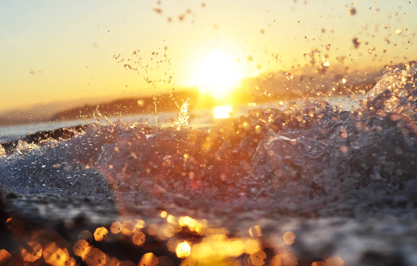 Photo wallpaper sea, wave, water, the sun, squirt, bokeh