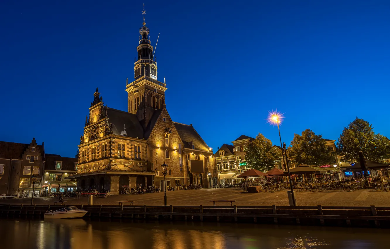 Photo wallpaper night, lights, Netherlands, promenade, Alkmaar