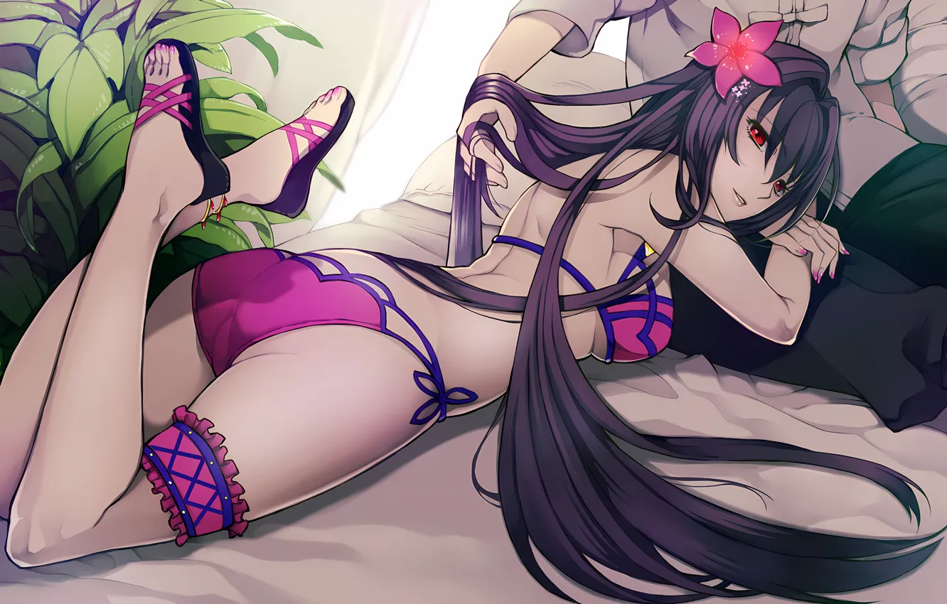 Photo wallpaper girl, sexy, ass, cleavage, flower, long hair, legs, boobs