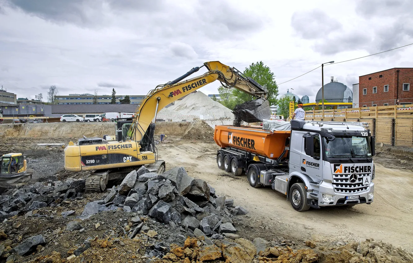 Photo wallpaper Mercedes-Benz, Truck, Mercedes, dump truck, 2015, machinery, Arocs, excavator
