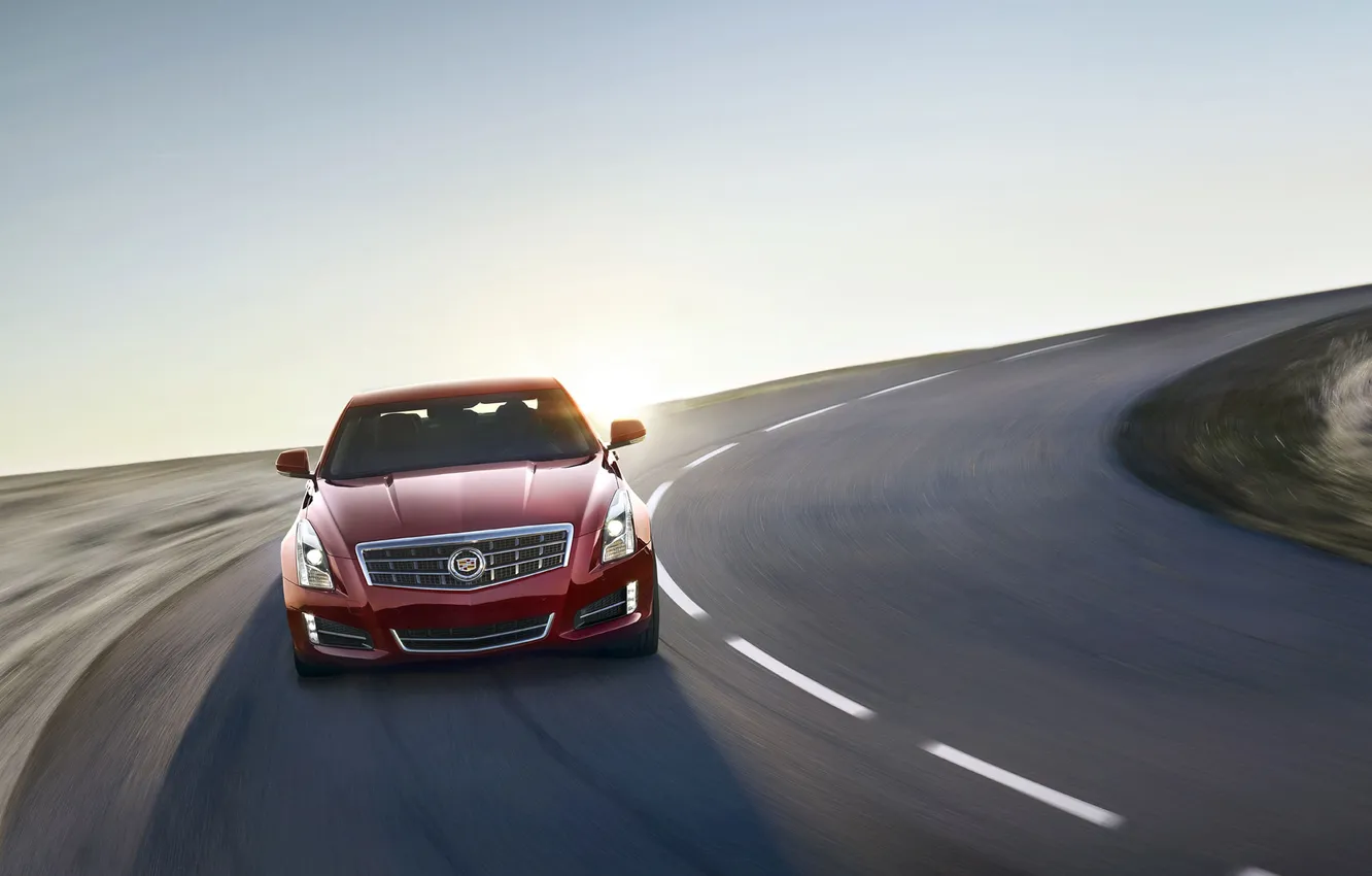 Photo wallpaper road, auto, asphalt, red, glare, Cadillac, the front, ATS