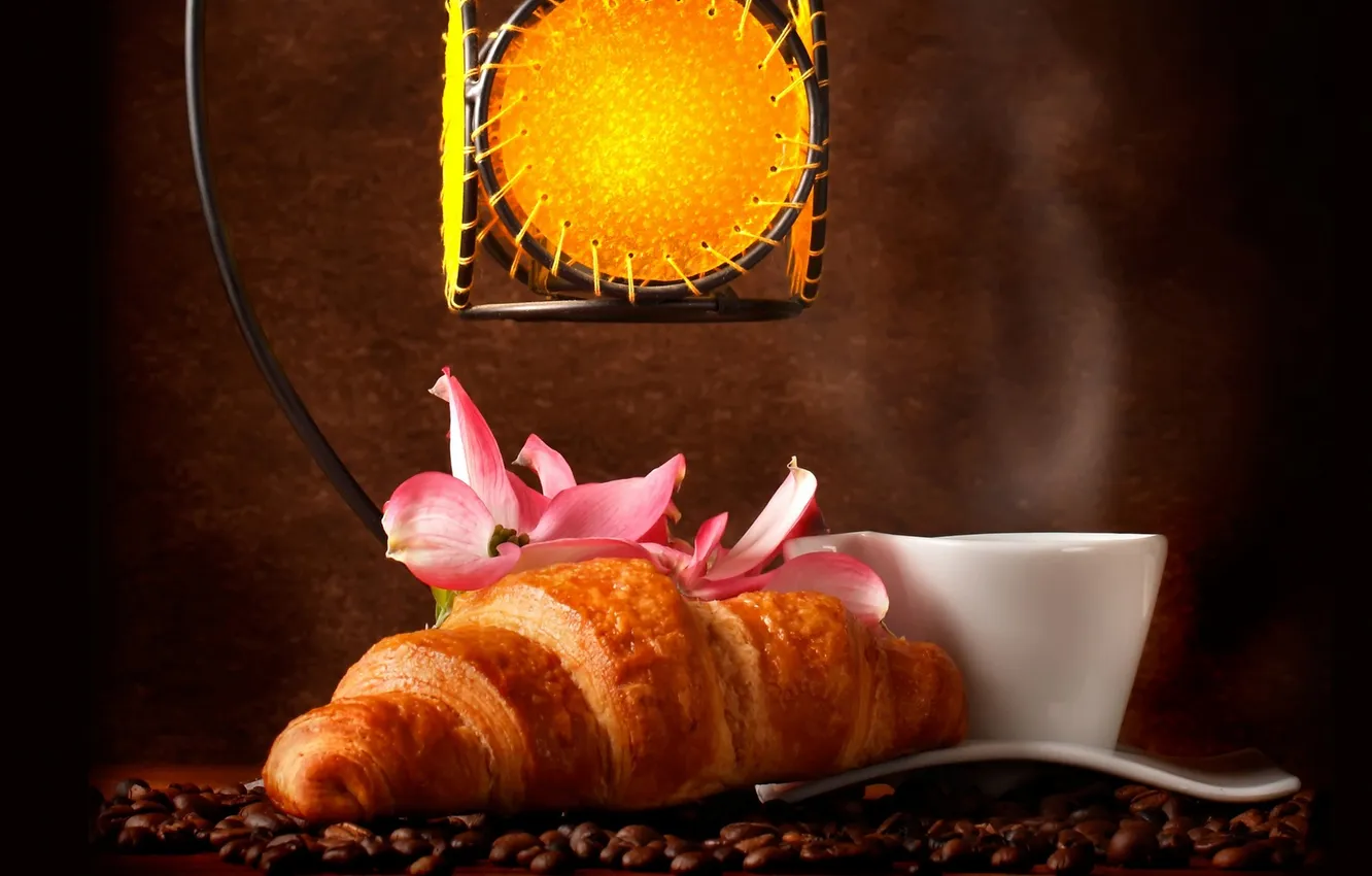 Photo wallpaper coffee, coffee beans, aroma, coffee, croissant, Pink flowers, growing, aroma coffee beans