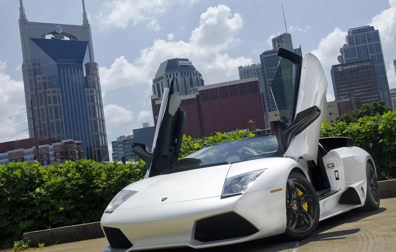 Photo wallpaper Roadster, Lamborghini, white, sky, lp640, building, Supercar