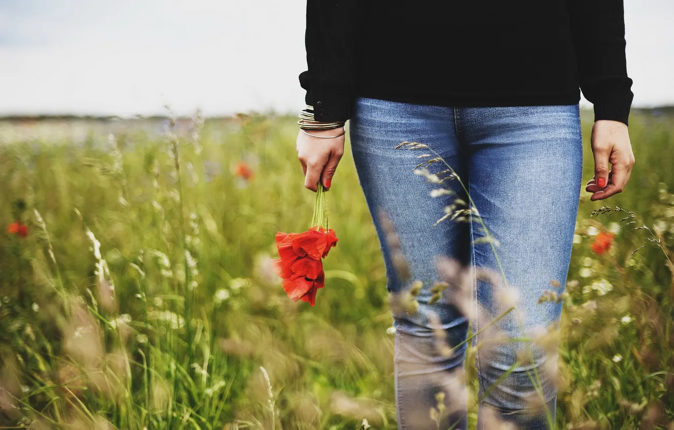 Photo wallpaper field, girl, flowers, Maki