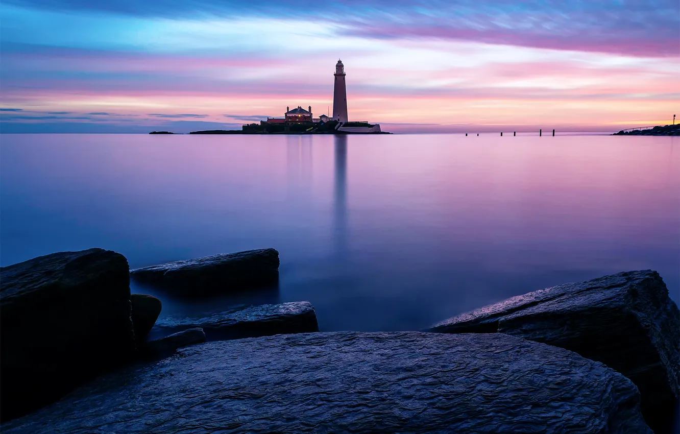Photo wallpaper sea, the sky, surface, stones, lighthouse, morning, St.Marys lighthouse