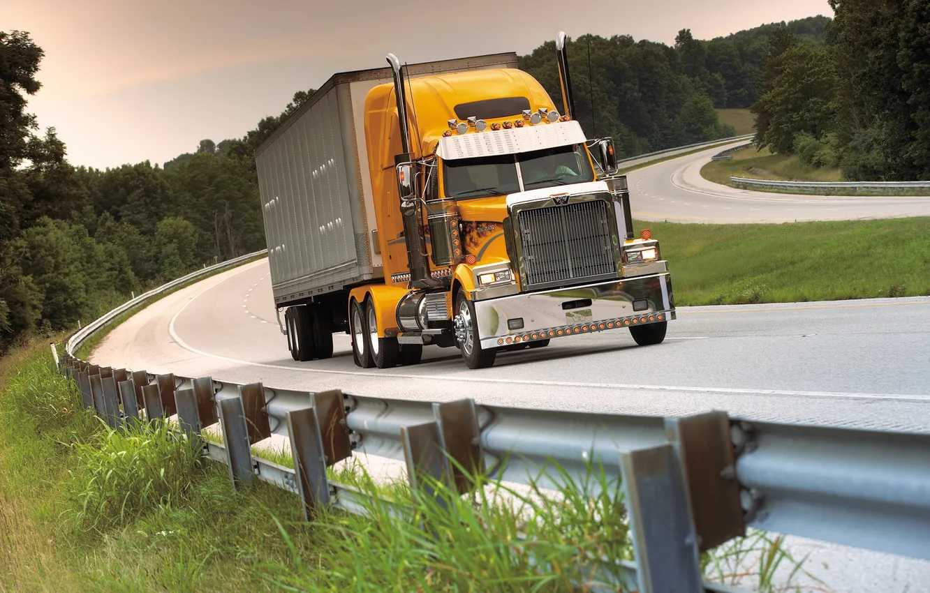 Photo wallpaper road, yellow, the fence, Truck, chrome, tractor, Western Star, vestrn old