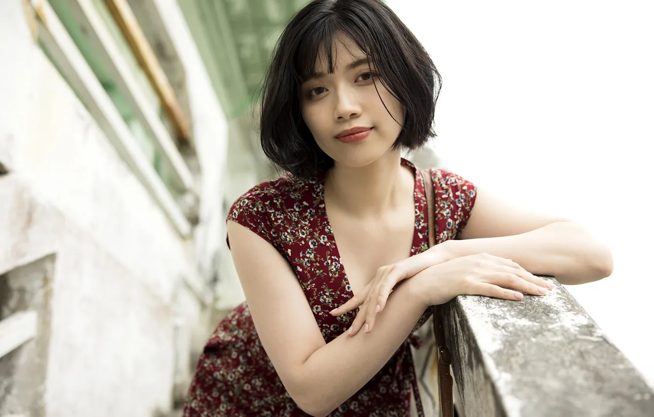 Photo wallpaper woman, smile, beautiful, model, pretty, asian, building, japanese