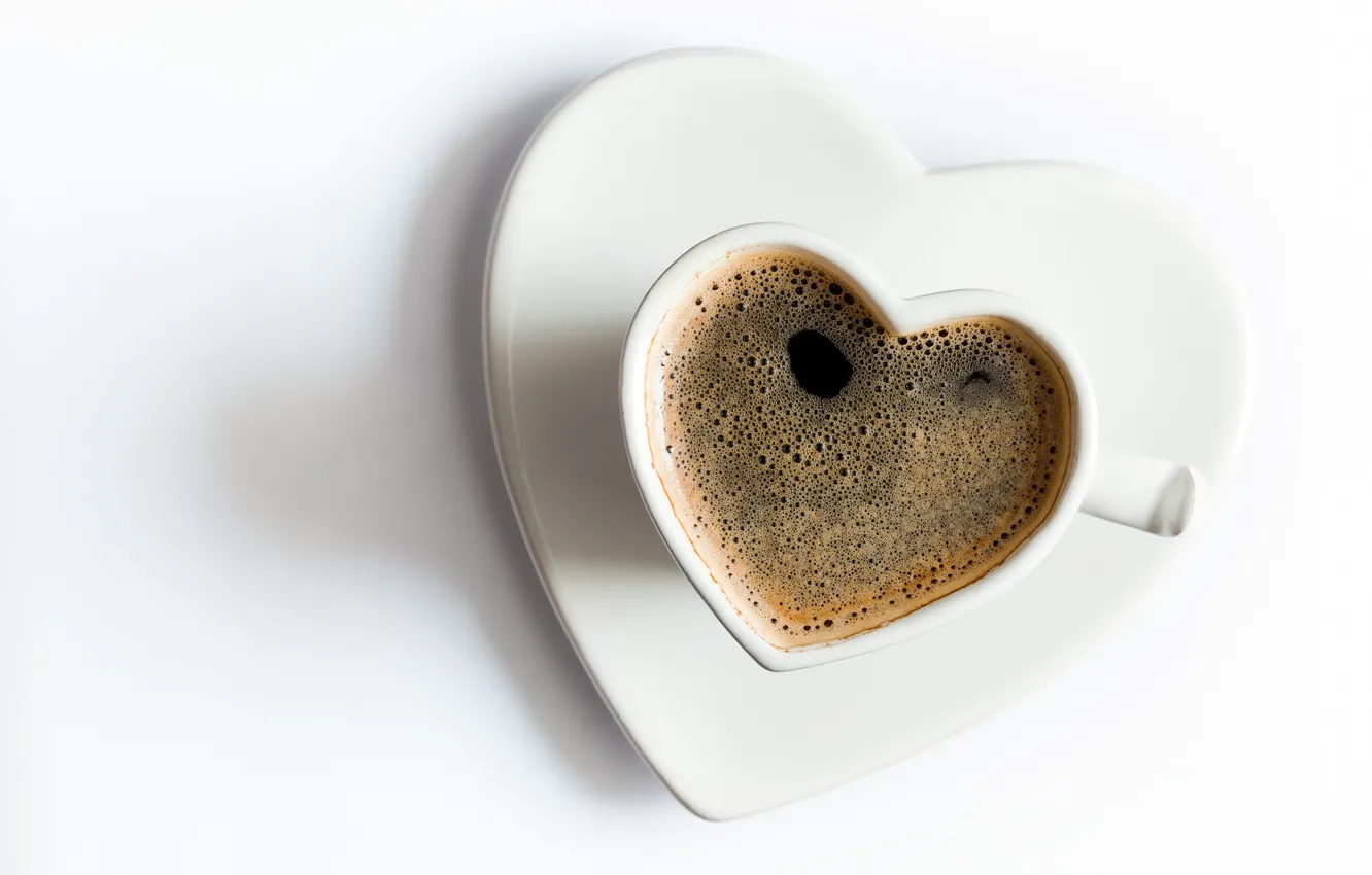 Photo wallpaper heart, coffee, Cup, white background, drink, white, Valentine's day, saucer