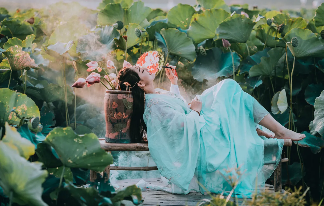 Photo wallpaper leaves, girl, light, flowers, pose, smile, feet, garden