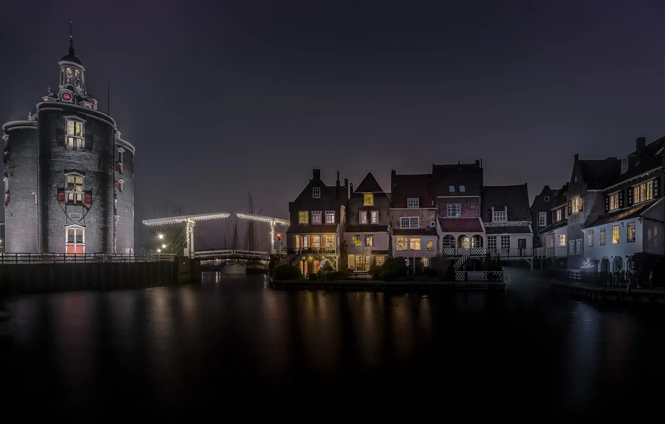 Photo wallpaper night, lights, home, Netherlands, Enkhuizen