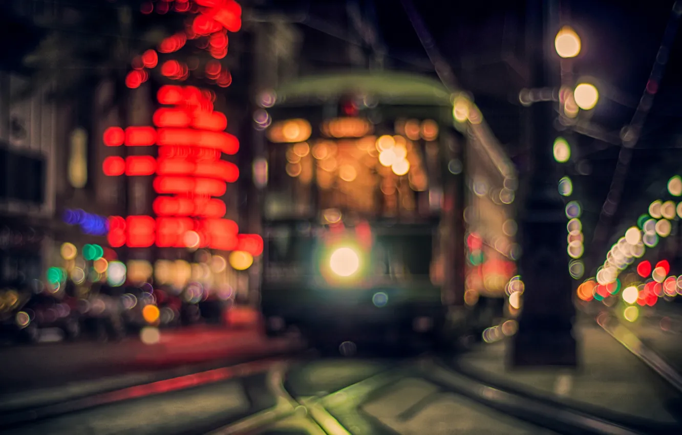 Photo wallpaper road, light, night, the city, lights, the evening, lights, tram