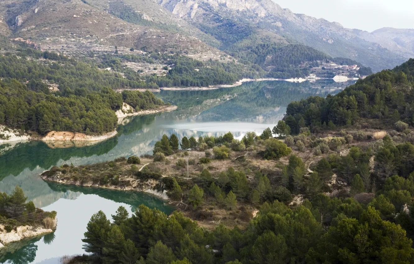 Photo wallpaper mountains, Spain, forest, Spain, Valencia, Valencia, the river Guadalest, Guadalest river