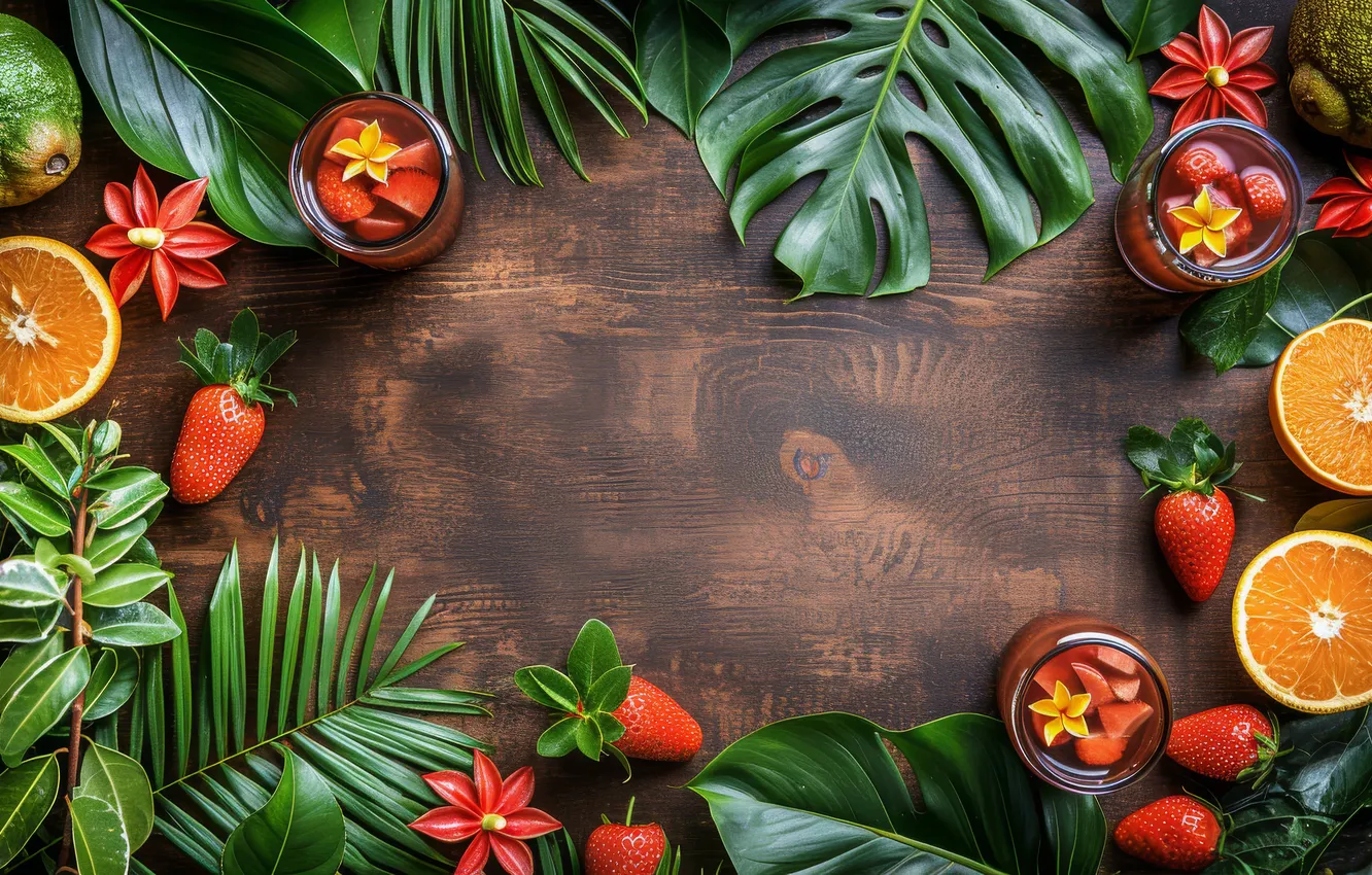Photo wallpaper leaves, flowers, berries, Board, orange, strawberry, Bank, drink