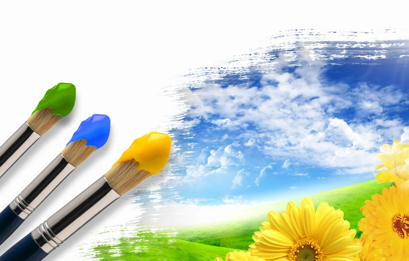 Photo wallpaper summer, the sky, grass, clouds, flowers, creative, paint, brush