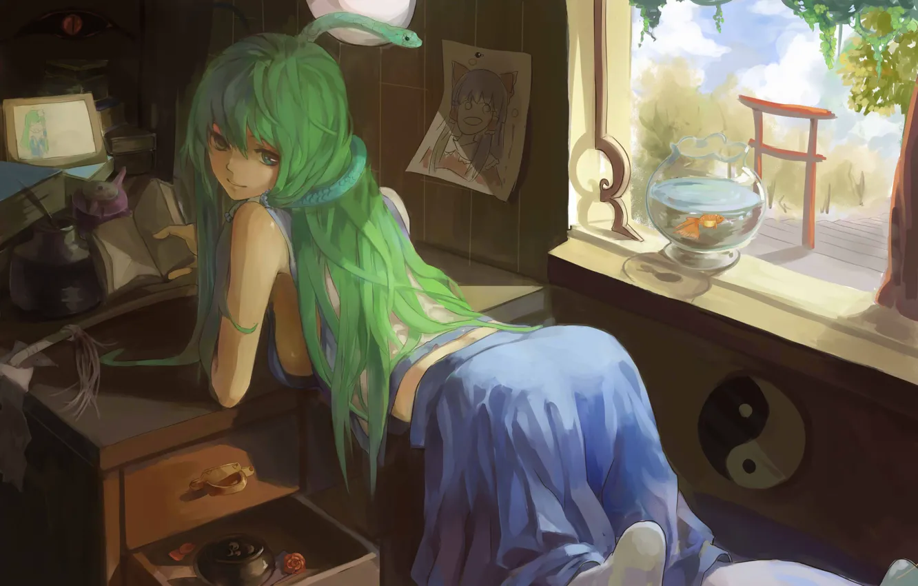 Photo wallpaper girl, room, aquarium, snake, fish, fish, window, touhou