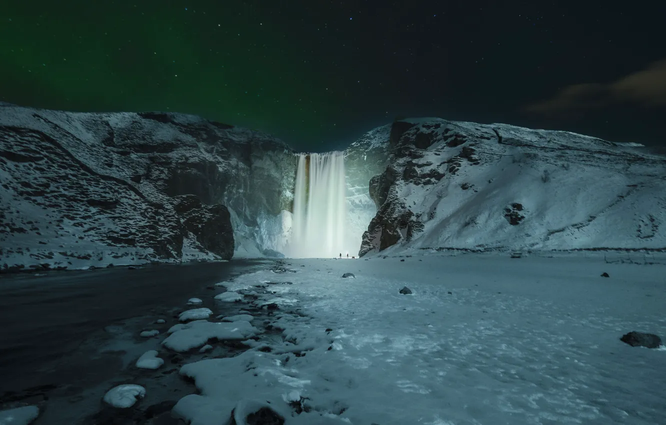 Photo wallpaper winter, the sky, stars, snow, mountains, night, darkness, rocks