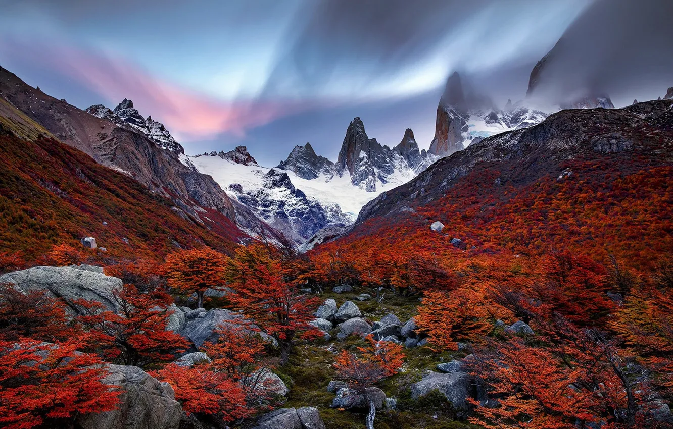 Photo wallpaper autumn, the sky, trees, mountains