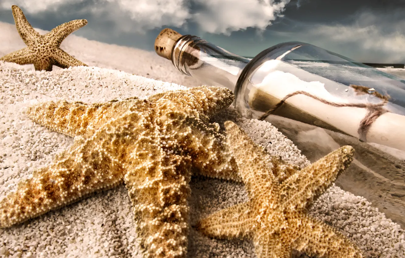 Photo wallpaper sand, beach, stars, bottle, note