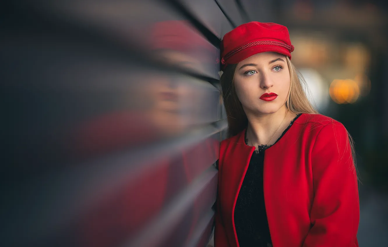 Photo wallpaper girl, portrait, in red, bokeh