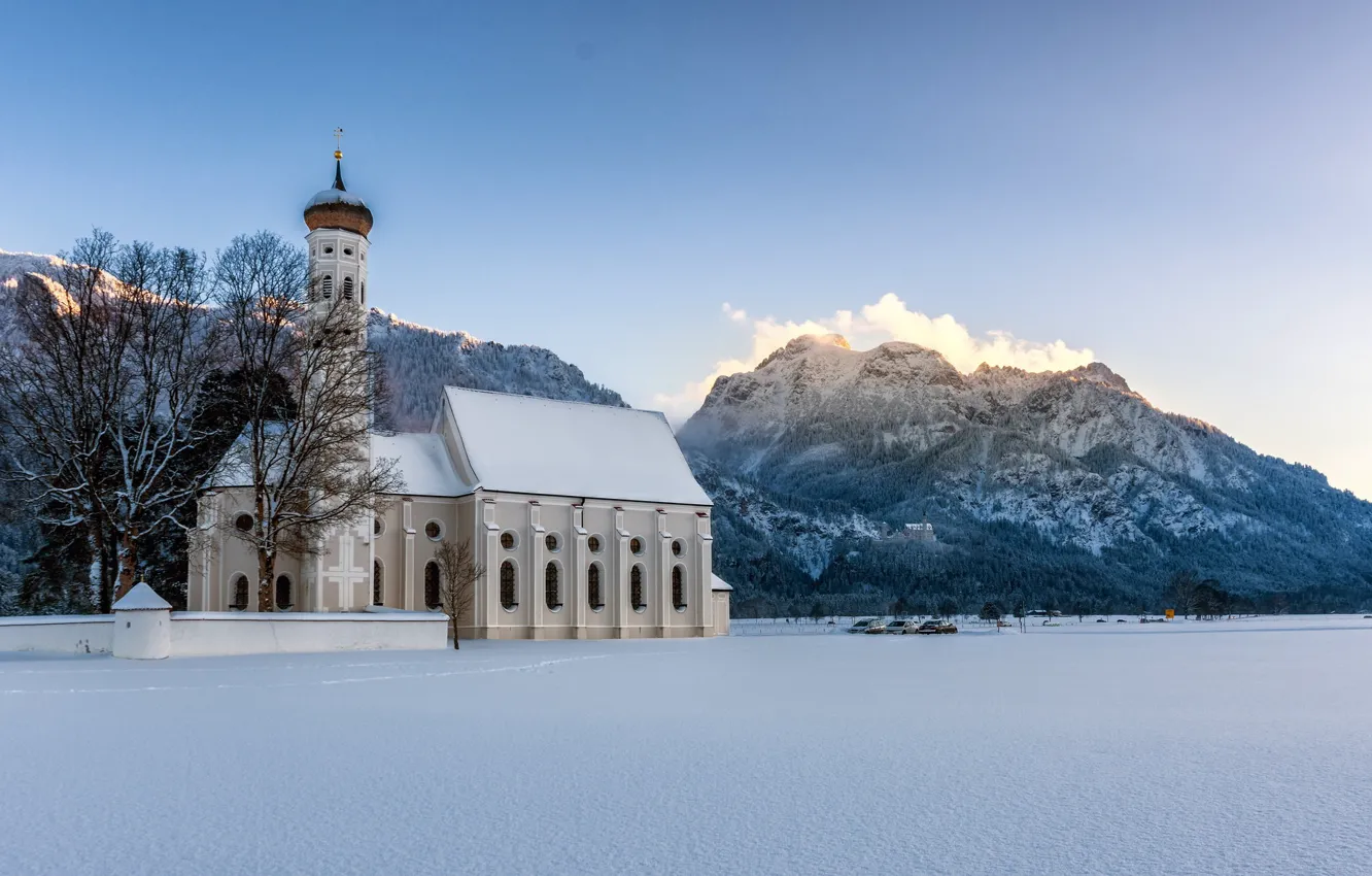 Photo wallpaper winter, snow, mountains, Germany, Bayern, Alps, Church, Germany