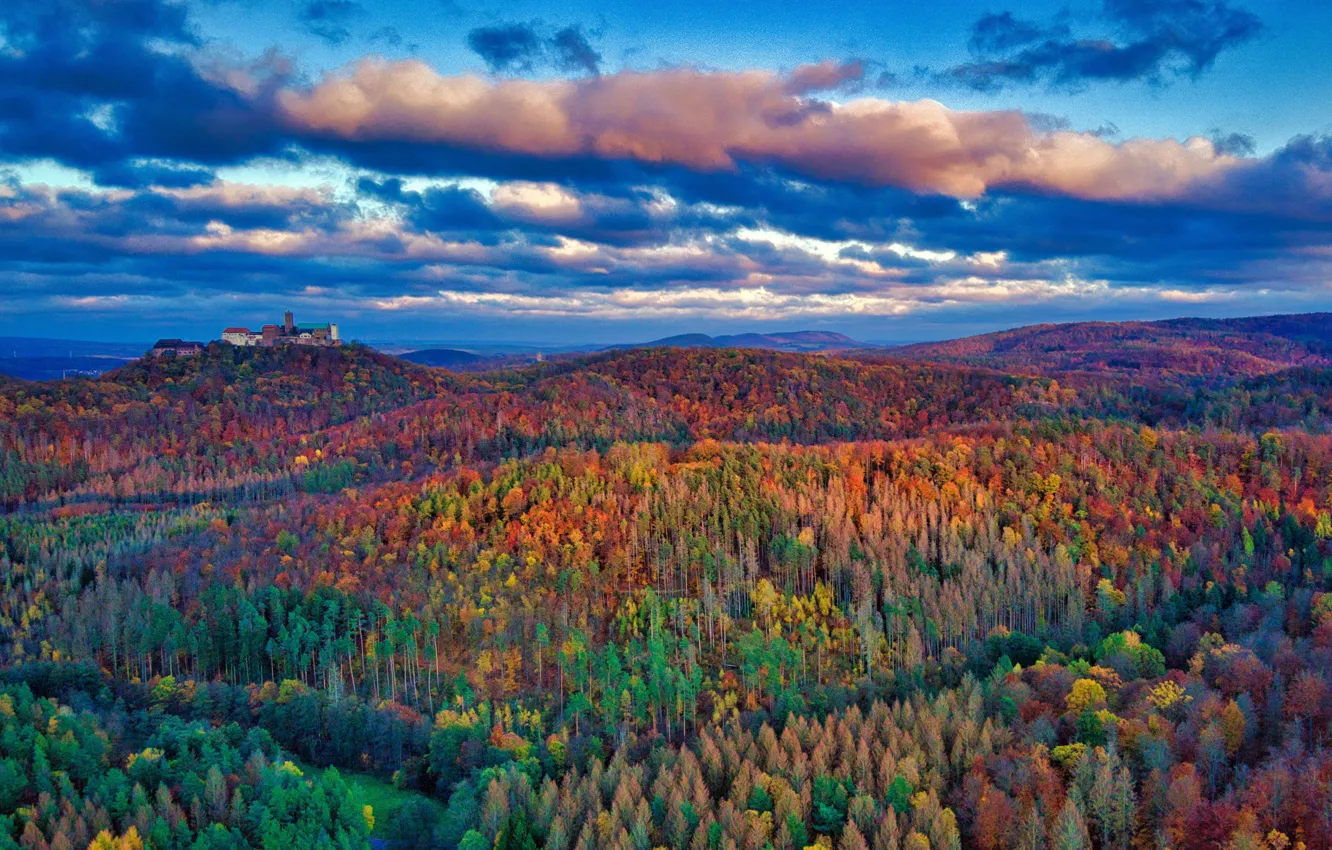 Photo wallpaper clouds, beauty, horizon, Germany, Autumn, Wartburg Castle, Thuringian Forest, scenic view