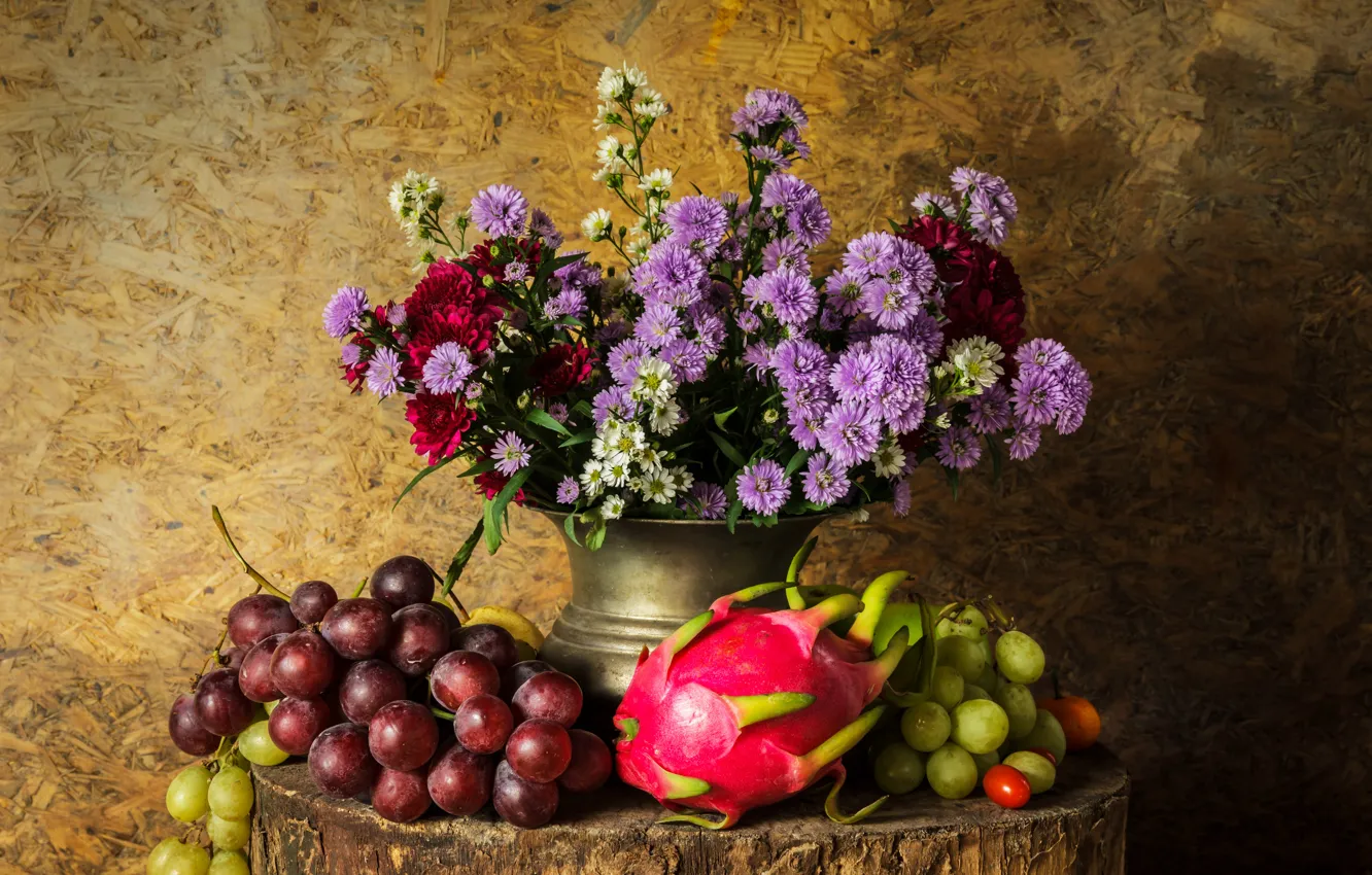 Photo wallpaper flowers, apples, bouquet, grapes, fruit, still life, pear, flowers