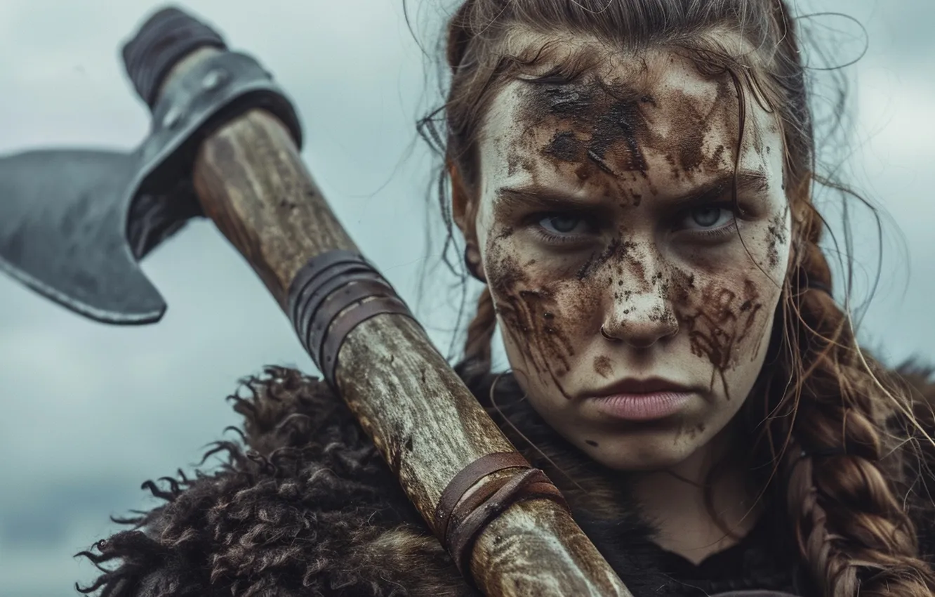 Photo wallpaper Girl, Look, Axe, Warrior, Viking, Digital art, Closeup, AI art